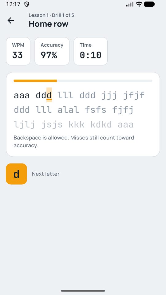 A drill on Android with live words per minute and the next letter to type
