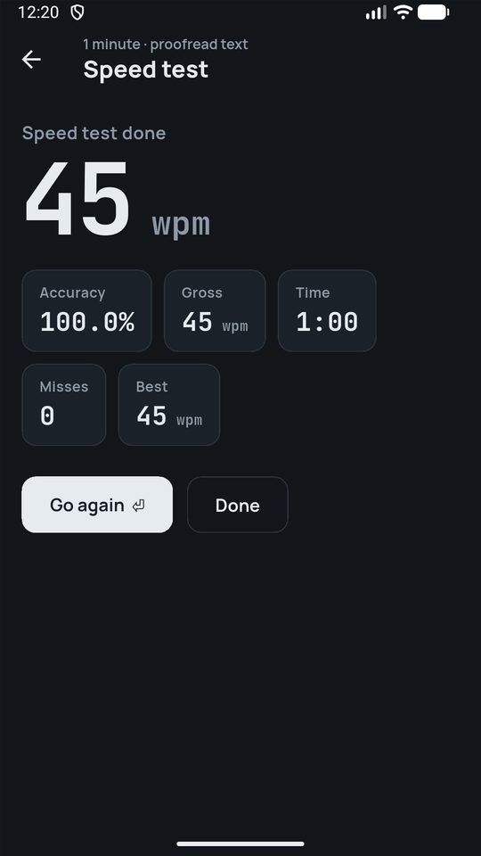 Speed test result in dark mode: 45 words per minute at 100% accuracy