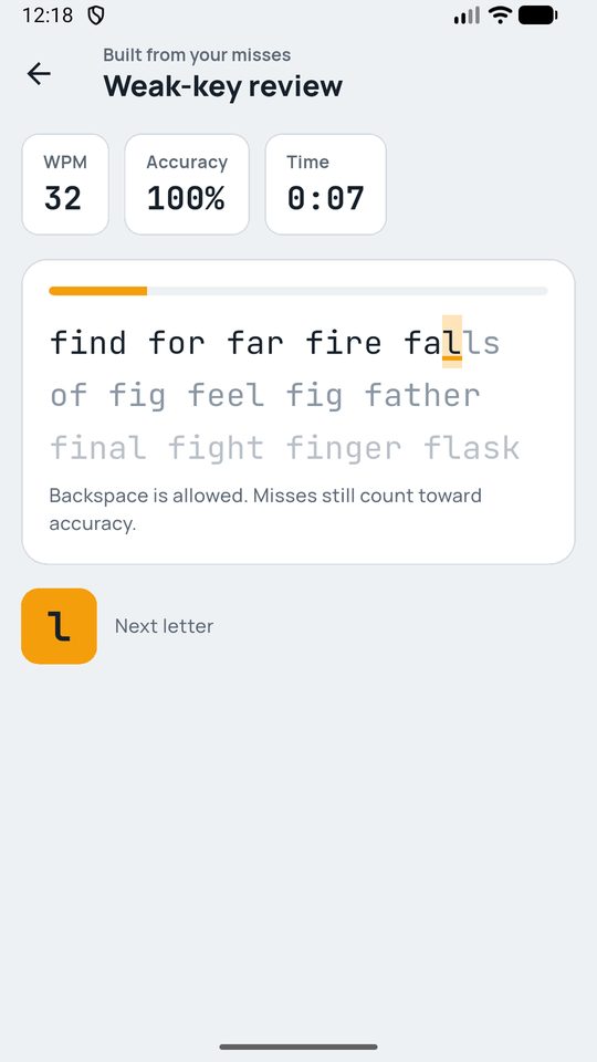 Weak-key review drill made of words with the letter f