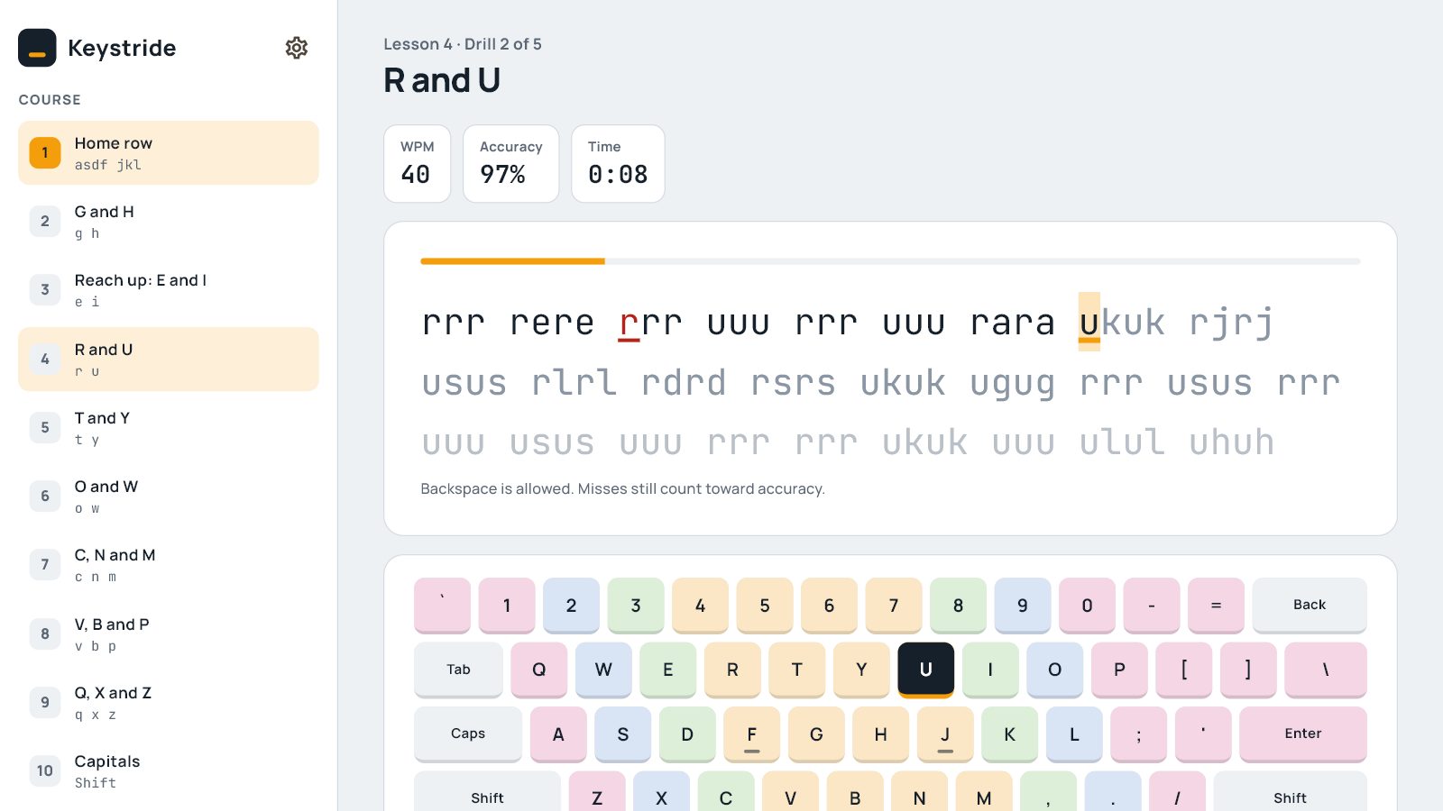 Keystride on Windows: a lesson with the typing lane and a colour-coded keyboard lighting the next key
